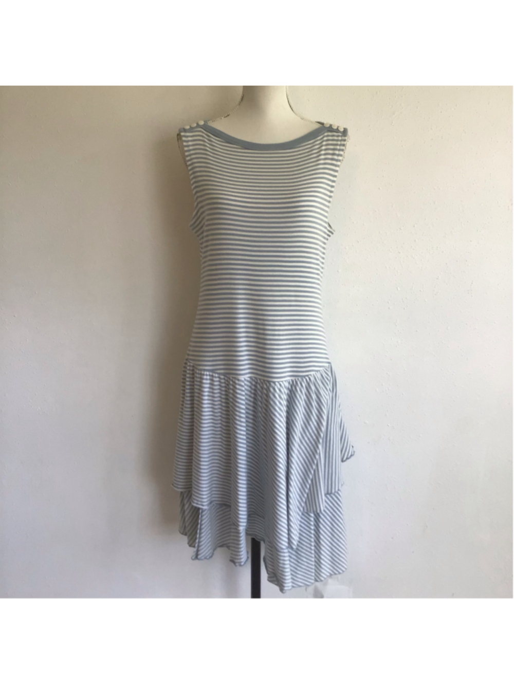 LRL Women's Vintage Midi Ruffle Dress Size M White Blue Striped Sleeveless L